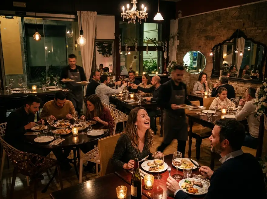 The dining room full on a weeknight, candlelit, under the chandeliers.